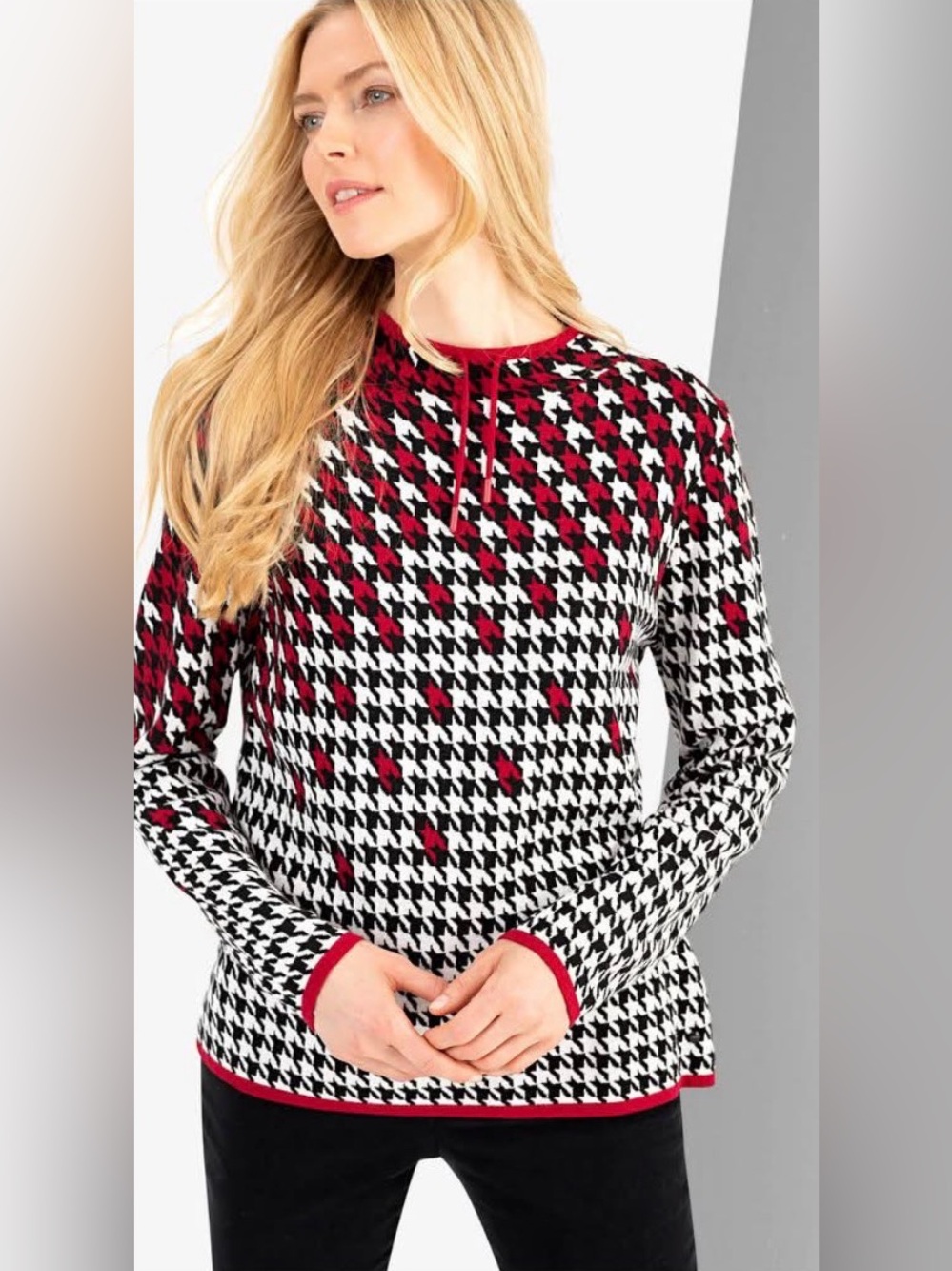 Olsen Mock Neck Checkered Sweater in Black, Red, and White NWOT